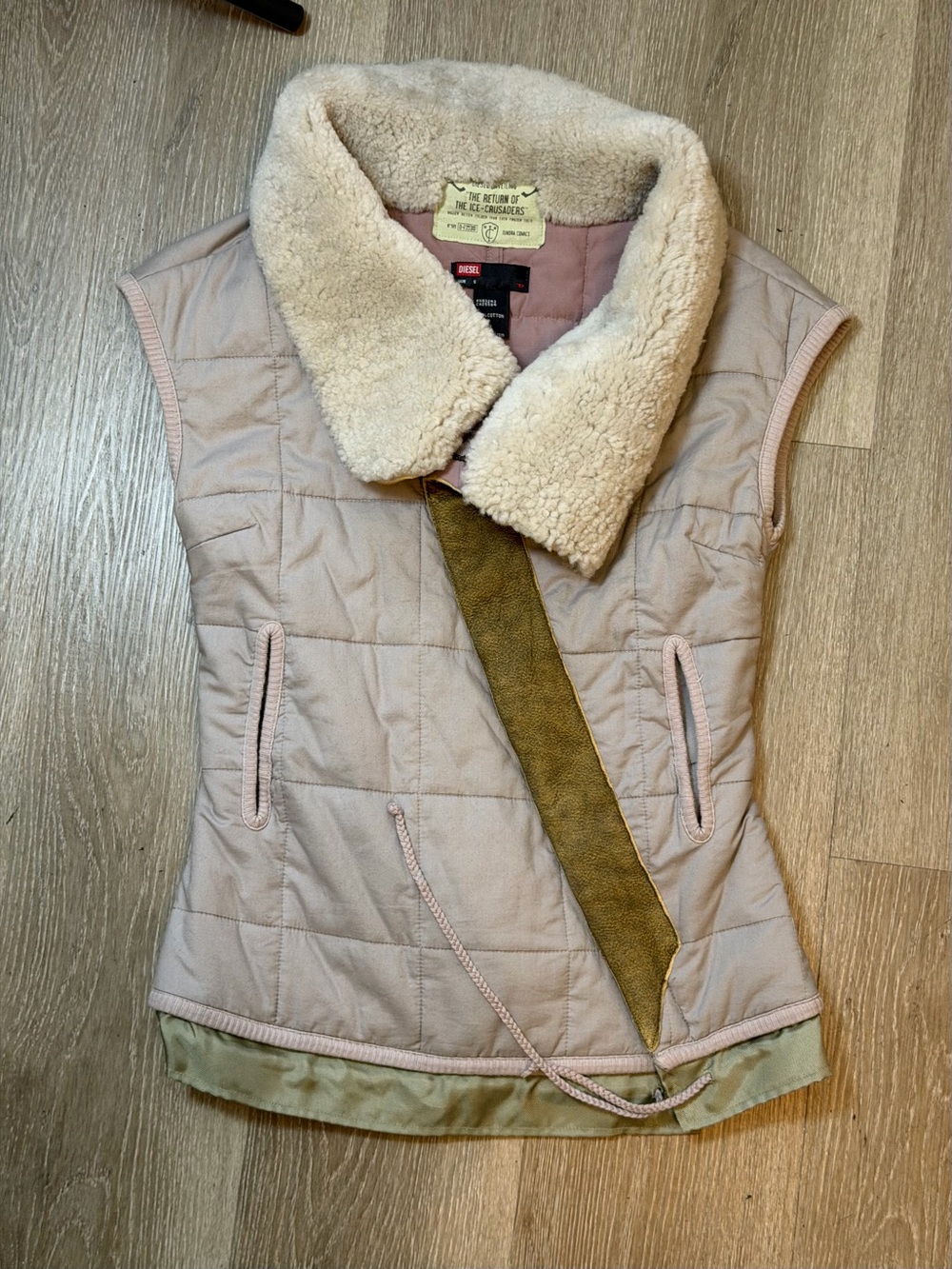 Y2K Diesel Shearling Quilted Vest Asymmetrical Diagonal Zipper RARE